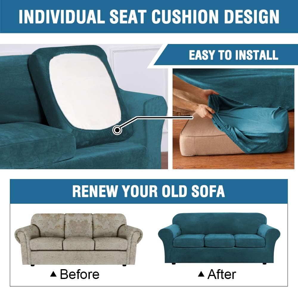 H.VERSAILTEX Modern Velvet Plush 4 Piece High Stretch Sofa Slipcover Strap Sofa Cover Furniture Protector Form Fit Luxury Thick Velvet Sofa Cover for 3 Cushion Couch, Machine Washable(Sofa,Gray): Home & Kitchen