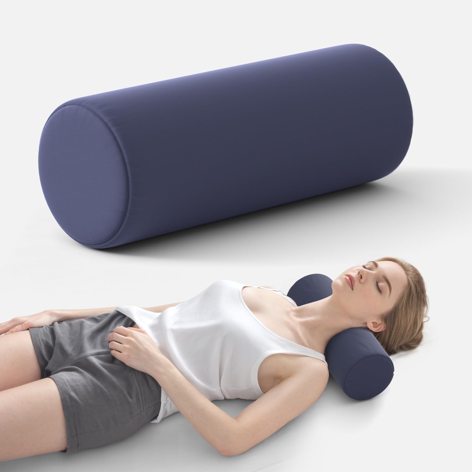 Forcanby Neck Roll Pillow for Neck Pain Relief - Memory Foam Neck Support Pillow for Bed | Round Neck Pillow for Sleeping, 15.7 * 6 * 6inch ((Navy-Blue)