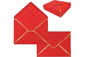 SYLROAL 50 Pack 5x7 Envelopes for Invitations with Gold Border, Self Adhesive A7 Envelopes with V-Flap for Greeting Cards Gift Cards, Invitation Envelopes for Wedding, Graduation, Baby Shower, Party (Red)