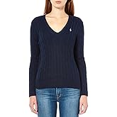 Polo Ralph Lauren Womens 100% Cotton Cable Knit V-Neck Sweater (Blue Navy, Large)