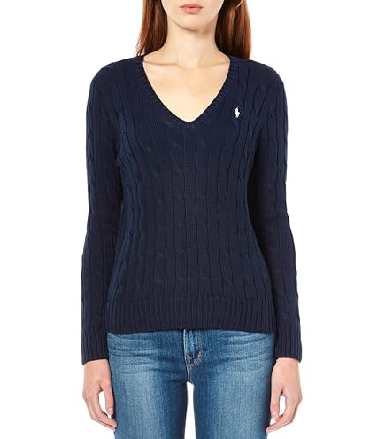 Polo Ralph Lauren Women's Cable Knit V-Neck Sweater (Medium, Navy