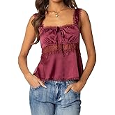 Women Y2K Lace Satin Cami Top Spaghetti Strap V Neck Silk Camisole Backless Loose Tank Tops Sexy Going Out Top