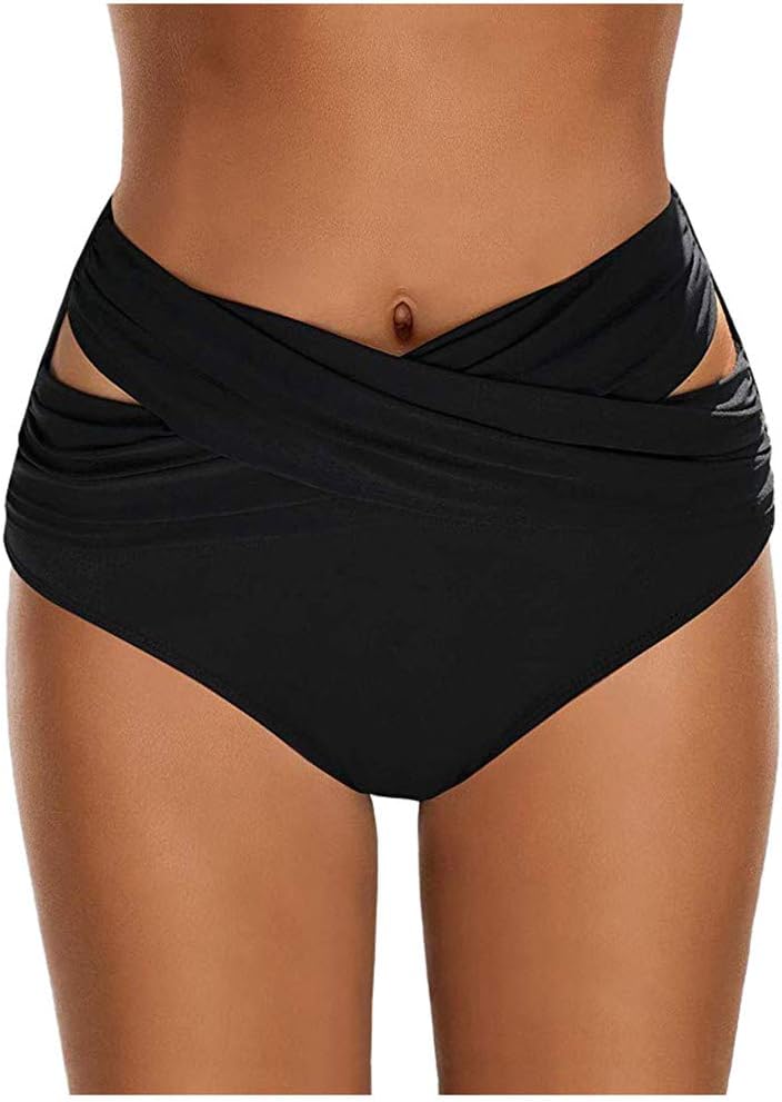 Women High Waist Ruched Bikini Bottoms Tummy Control Swimsuit Briefs Pants Black M/L/XL/XXL，Ladies Sexy Bikini Bottom Shorts High Waist Solid Color Plus Size Cross Strap Bikini Bottoms