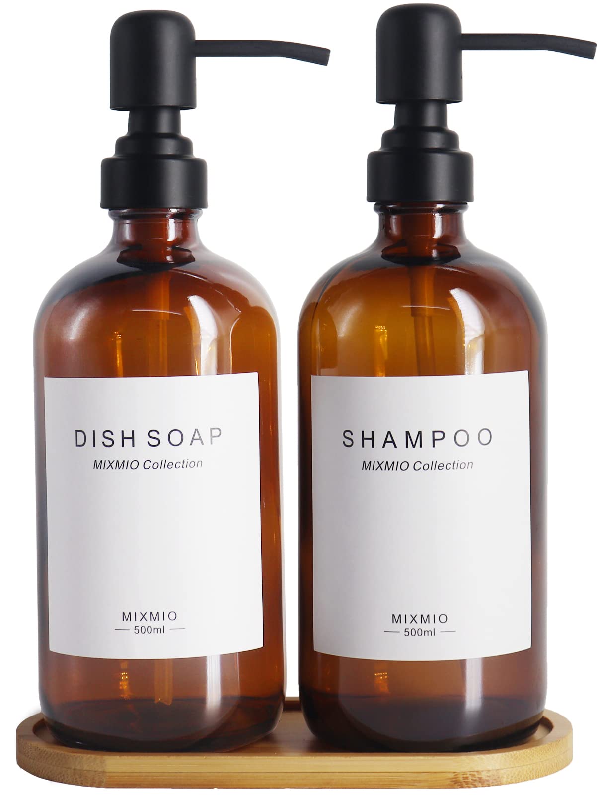 MIXMIO 2 Pack Amber Glass Soap Dispenser With Bamboo Tray and Stainless Steel Pump for Kitchen Bathroom, With 4 Waterproof Labels