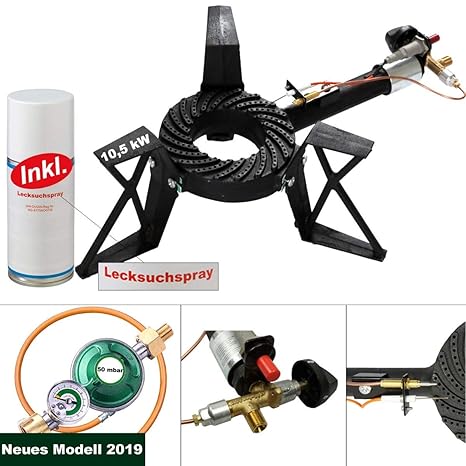 CAGO 3-Bein Gas-Hockerkocher 10,5 kW Gasbrenner Gaskocher mit Zündsicherung Piezozündung Gasschlauch Gasregler mit Manometer 