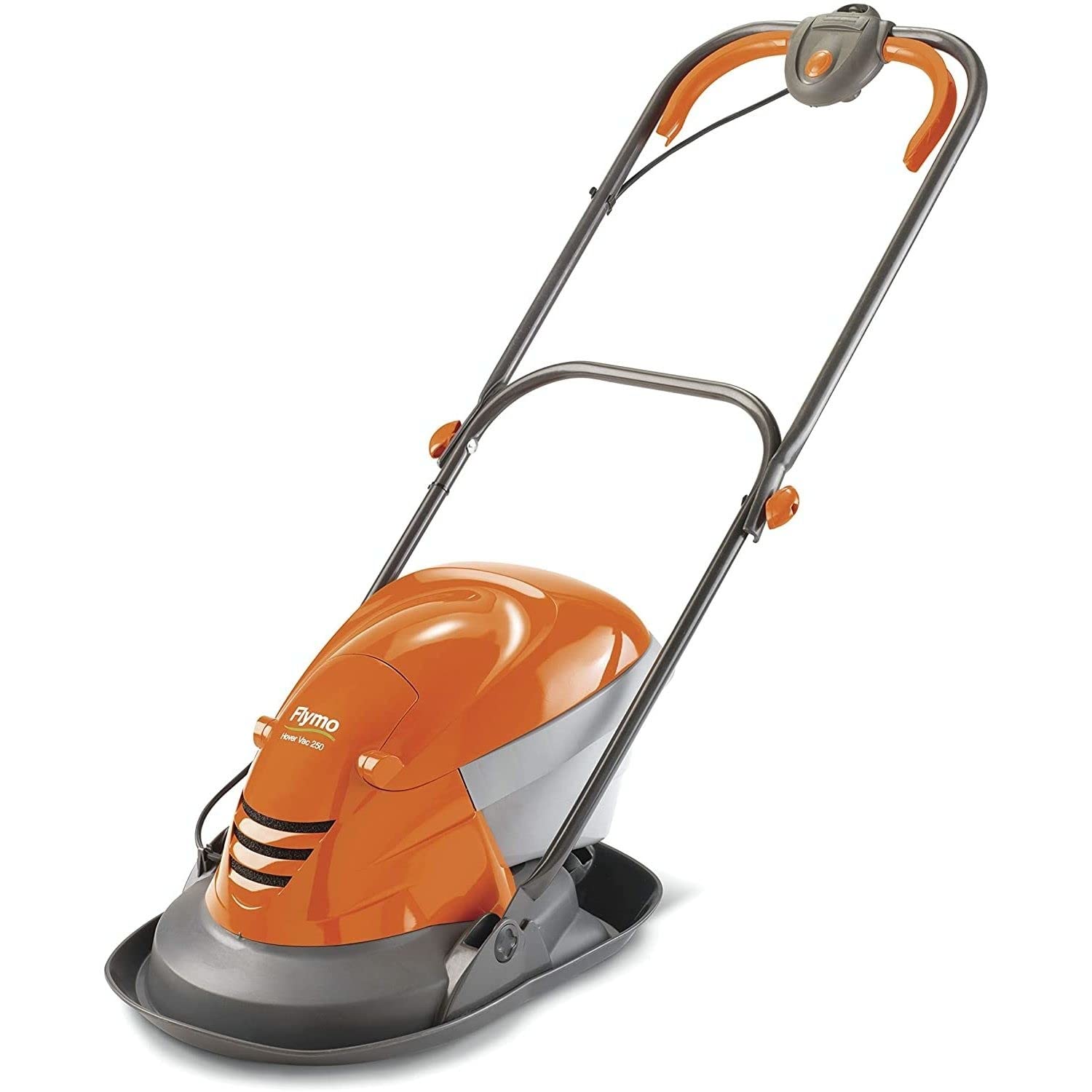 Flymo Hover Vac 250 Electric Hover Collect Lawn Mower - 1400W, 25cm Cutting Width, 15L Grass Box, Ambidextrous Handles, Folds Flat, Orange and Grey