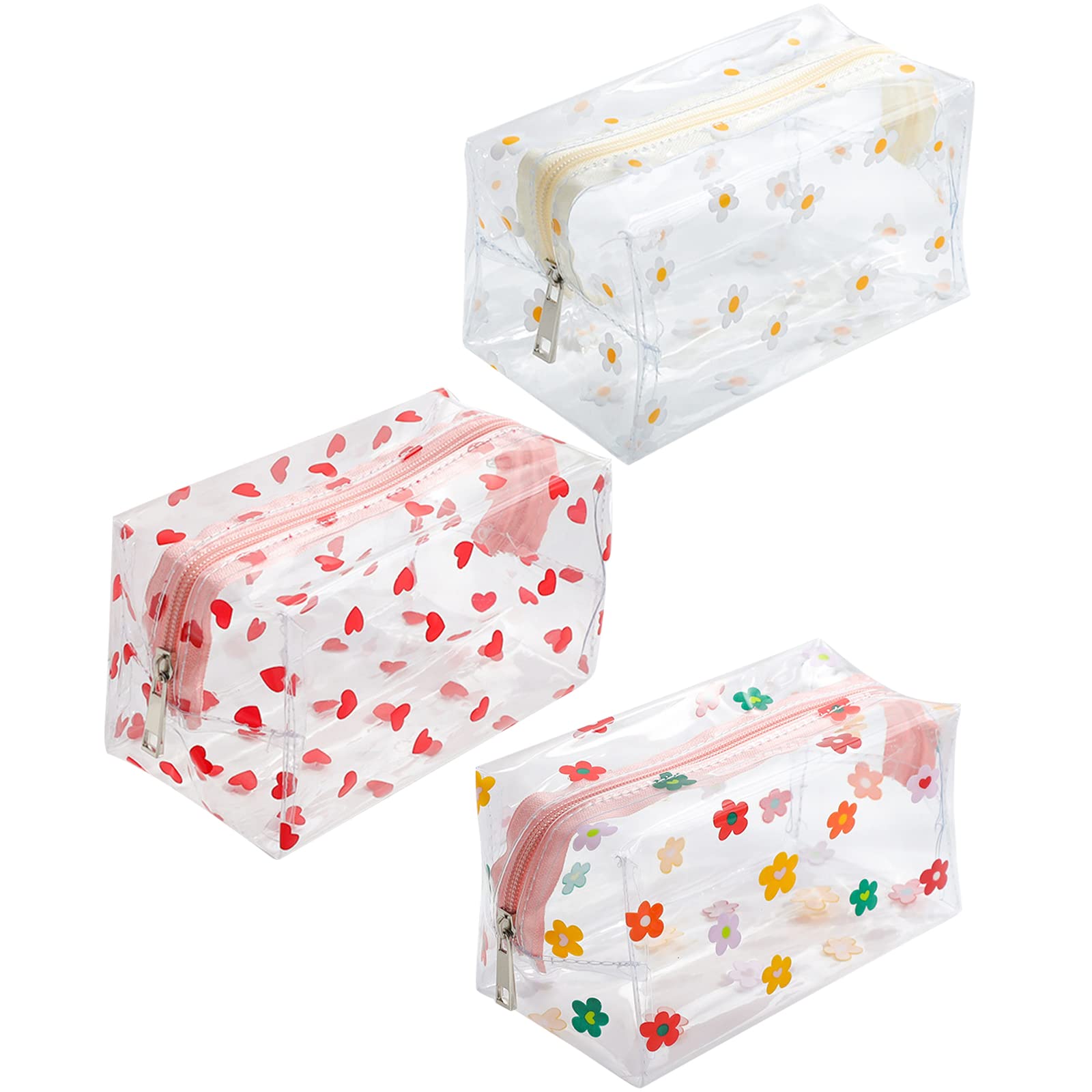 3 Pcs Clear Makeup Bags, VEGCOO Clear Pencil Cases Large Cosmetic Bags Cute Heart Daisy Sunflower Pattern Bags, PVC Makeup Bag Pencil Case for Women Girls Travelling Office School Home Use