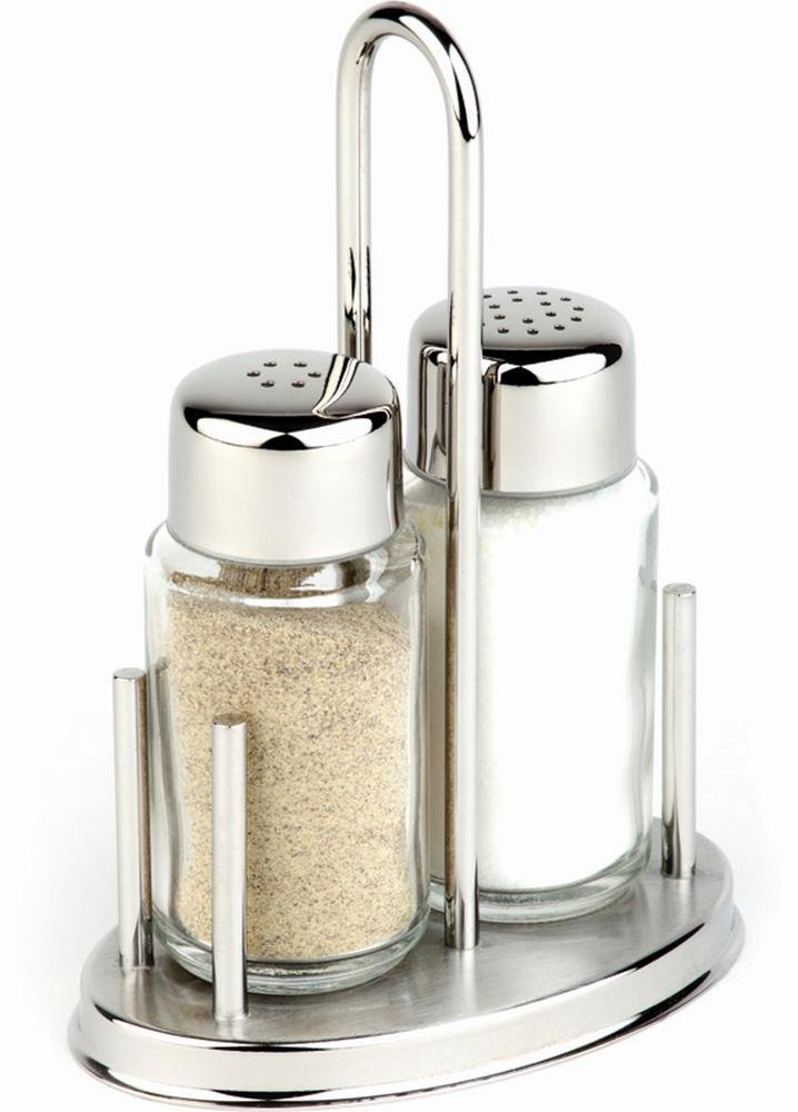 APS 40310 Classic Salt and Pepper Set, Stainless Steel Frame, 2 Glass Shakers, 10.5 x 6.5 x 16 cm