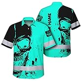 Hi Vis Hawaiian Skull Safety Shirt, Custom Name High Visibility Short Sleeve Button Down Shirt for Workers, Truckers
