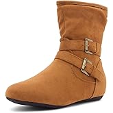 Herstyle Slouch Flat Ankle Booties for Women – Short Boots with Buckle, Low Heel Side Zipper Fashion Booties for Fall Winter Walking