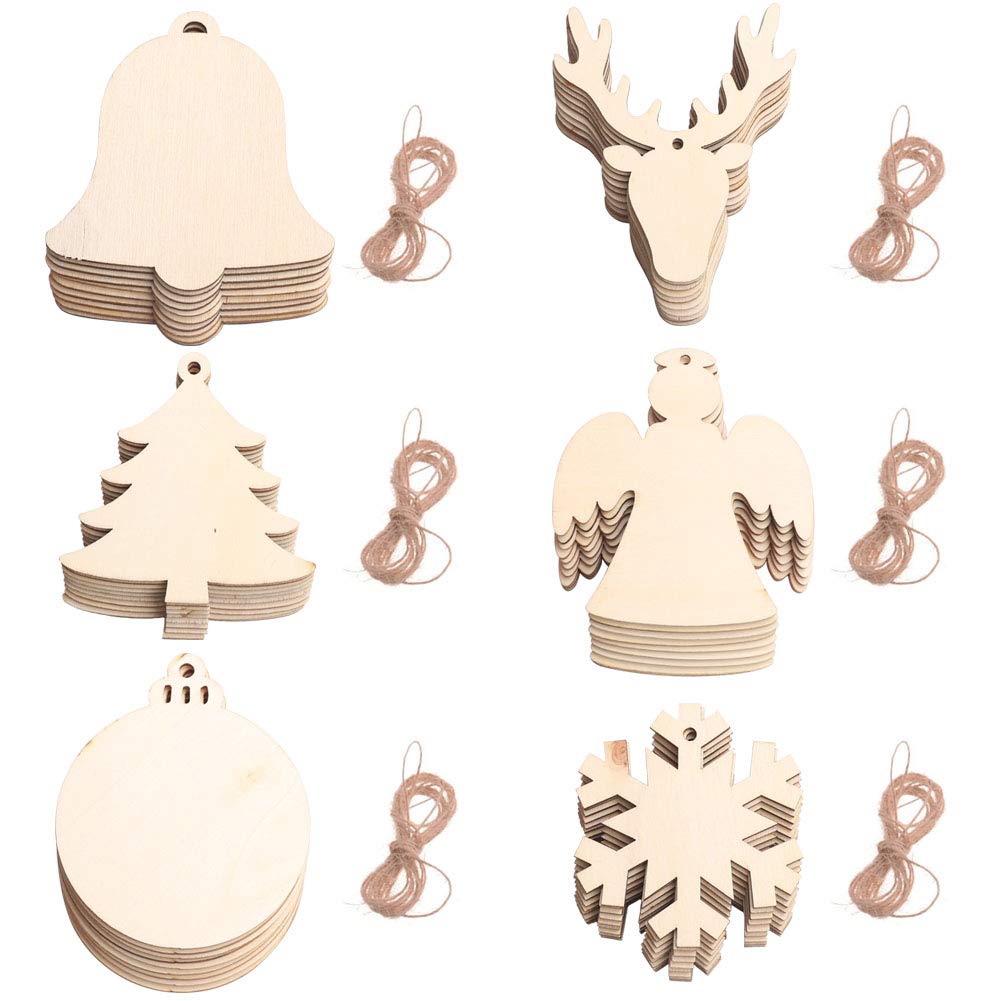 Christmas Hanging Decoration 60 PCS 6 Styles Wooden Christmas Hanging Shaped Pendants Bauble Deer Snowflake for DIY Wood Crafts Christmas Decoration, Christmas Tree Ornaments with Strings