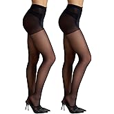 Citystl 2 Pairs Women's Black Sheer Tights - 30D Not Rip Control Top Pantyhose - Reinforced Toes