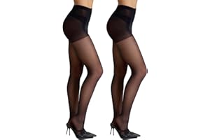 Citystl 2 Pairs Women's Black Sheer Tights - 30D Not Rip Control Top Pantyhose - Reinforced Toes
