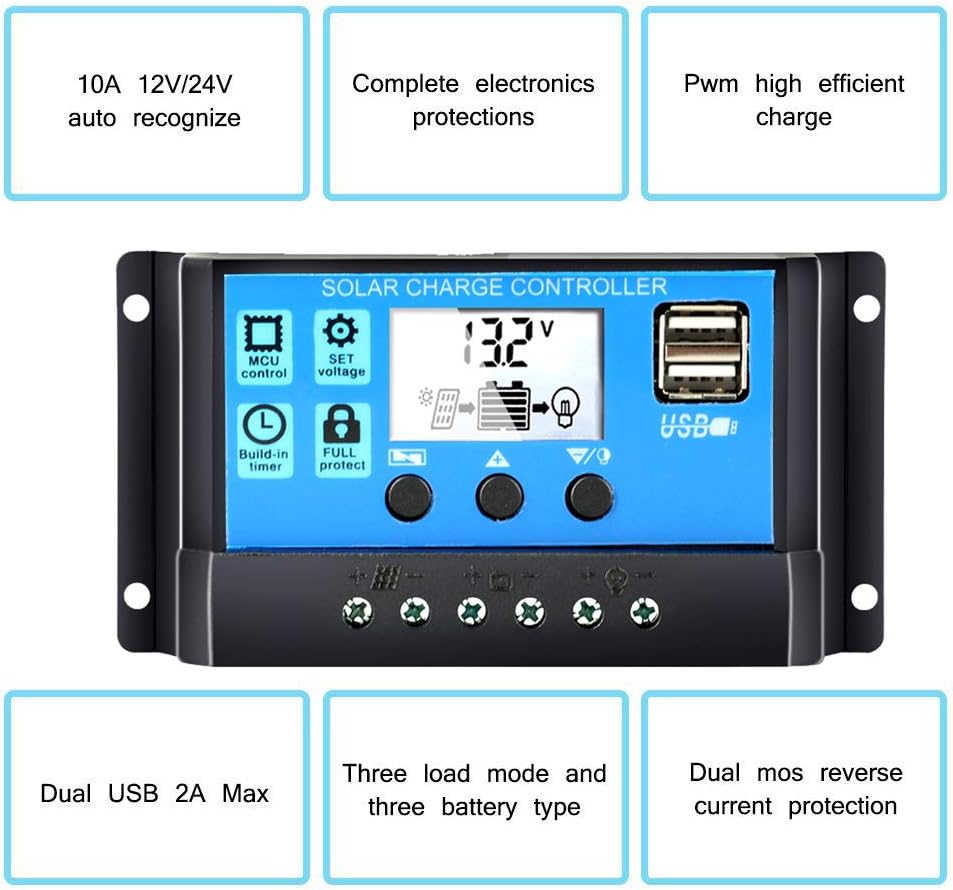 30A Solar Charge Controller 12V/24V Auto, Solar Panel Battery Controller 30Amp PWM Solar Regulator with Dual USB LCD fit for Small Solar System : Garden & Outdoor