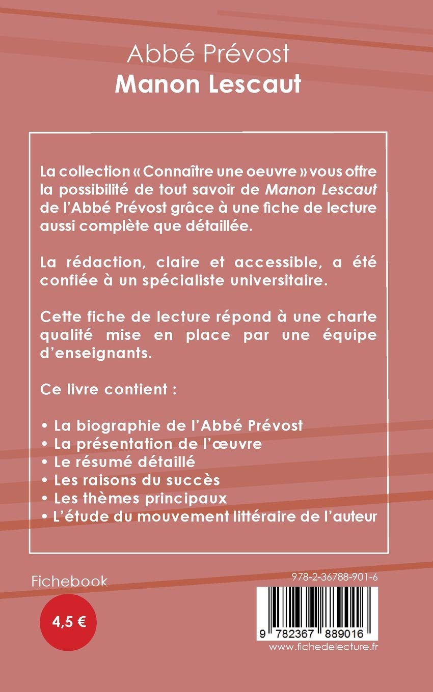 Amazon Fr Fiche De Lecture Manon Lescaut De L Abbe Prevost Analyse Litteraire De Reference Et Resume Complet Abbe Prevost Livres