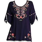 Kafeimali Women's Embroidery Mexican Bohemian Cotton Tops Shirt Tunic Blouses