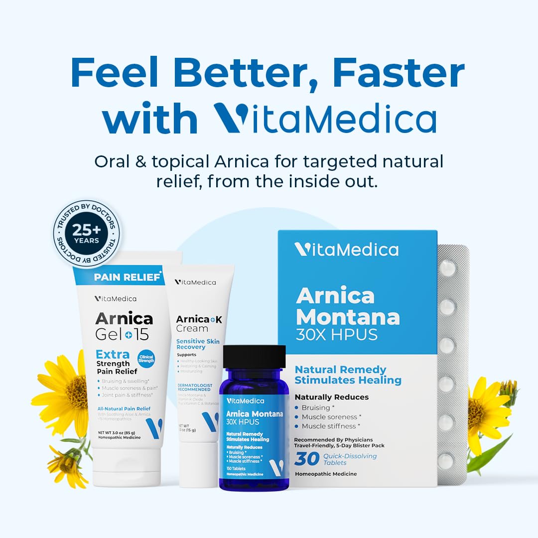 VitaMedica Arnica Montana 30X Rapid Dissolve Arnica Tablets for Natural Pain, Bruising, and Swelling Support - Homeopathic Medicine for Injury and Surgery Recovery - 150 Ct - 50 Servings