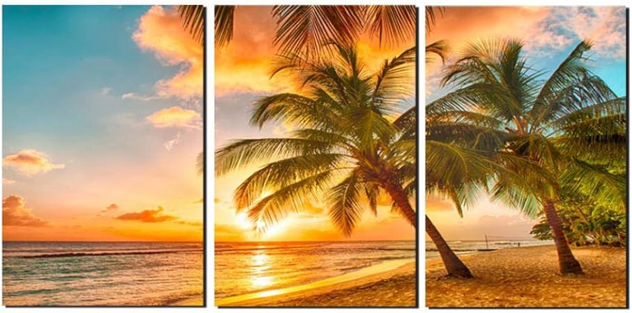 Renqiancun Triptyque Crepuscule Plage Cocotier 3 Pieces Hd Affiche