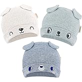 DOKMA Organic Cotton Toddler Hat Set 3 Cute Animal Ears Design, Beanies for Baby Boys and Girls 0-6 Months Light Gray & Blue