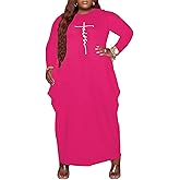 Fooullaide Women's Plus Size Maxi Dress Print Loose Oversize Long Sleeve Baggy Tshirt Casual Tunic Dresses with Pocket