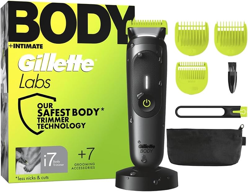Labs i7 - Cortacésped para cuerpo y zona íntima para hombre, con tecnología SkinFirst, cortapelos impermeable, luz LED para visibilidad, 3 accesorios de corte de precisión y base de carga
