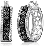 Sterling Silver Black Diamond Back Pattern Hoop Earrings