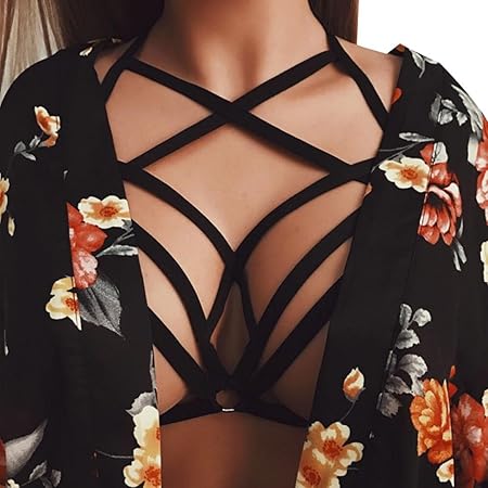 Happy Event Sexy Frauen hohlen aus elastischen Käfig BH Bandage Strappy Halter BH Bustier Top (S, Schwarz)