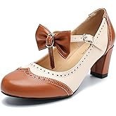LIURUIJIA Women's Chic Bow Mary Janes Chunky Heels Ankle Strap Vintage Oxfords Pumps Cute Kawaii Dress Shoes