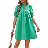 YEXPINE Women's Ruffle Collar High Neck Mini Dress Puff Short Sleeve Cotton Babydoll Peplum Dresses with Pockets