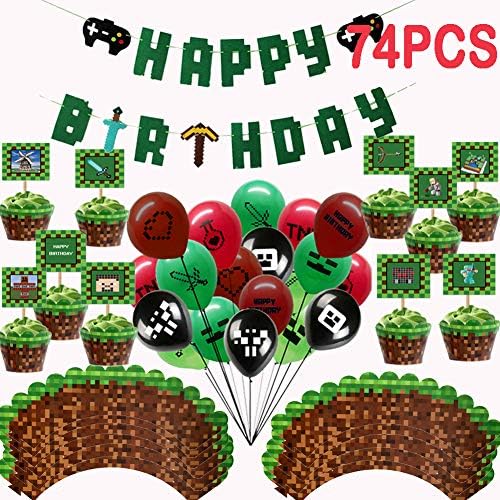 Game Party Supplies Pixel Gaming Birthday Party Favors, 25 Pack Latex Gamer Balloons, 24 Pack Gaming Cake Topper and Cake Wrappers, 1 Pack Banner