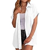 MaQiYa Womens Short Sleeve Button Down Shirts Casual Loose Fit Summer Shirt Blouses Tops with Pockets