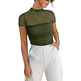 ANRABESS Womens Summer Sexy Mock Turtle Neck Short Sleeve Tops Sheer Mesh Shirts Slim Blouse Trendy Ruched Going Out Outfits