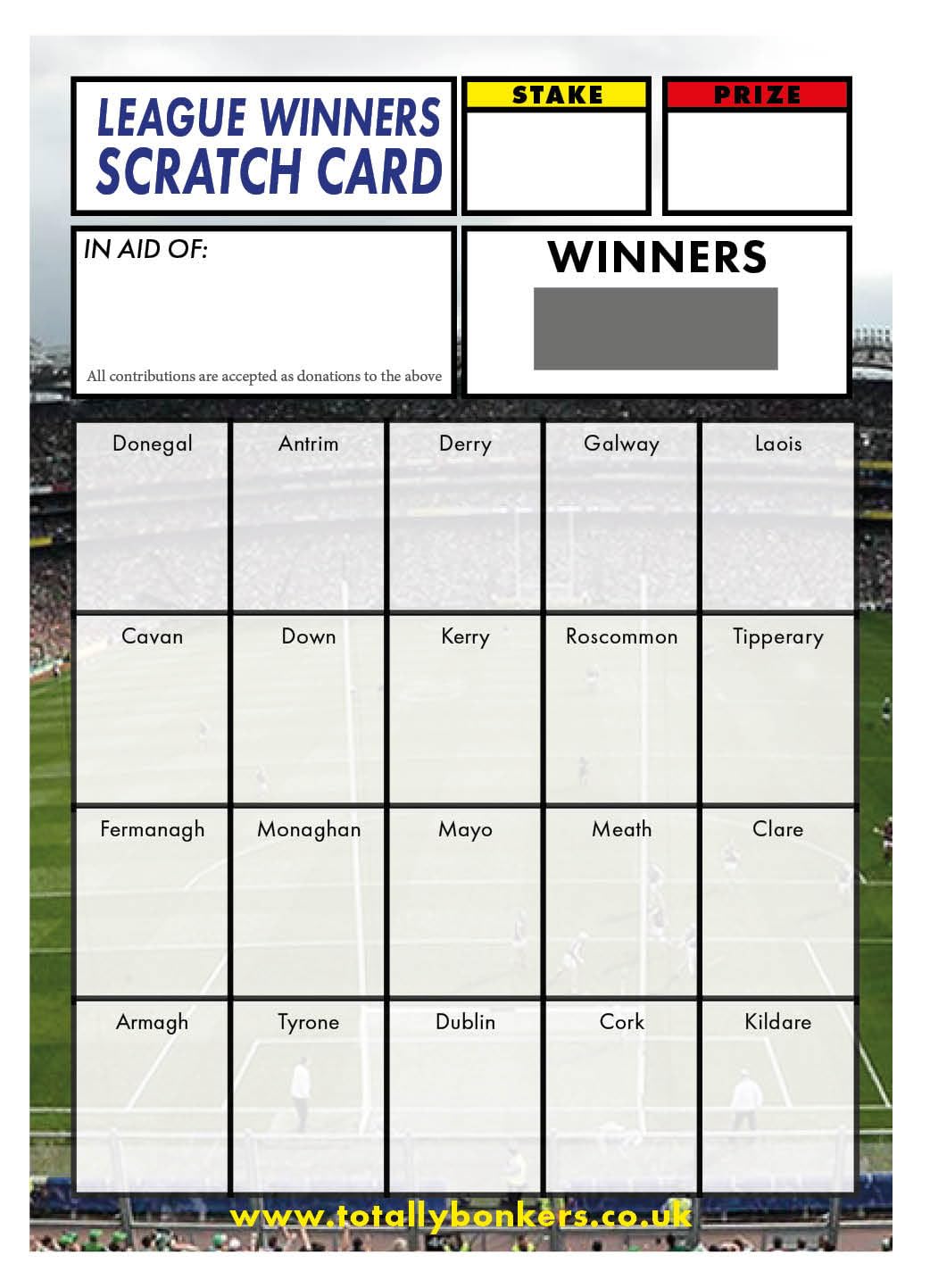 Totally Bonkers - Gaelic Football (20) Fundraising Scratch Cards - 20 Square - A6 (148x105mm) -10 Pack - TB0041 - Blind Card