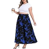 Lastshe Plus Size Maxi Skirt for Women Casual Elastic High Waist Boho Flowy A-line Spring Long Skirts with Pockets