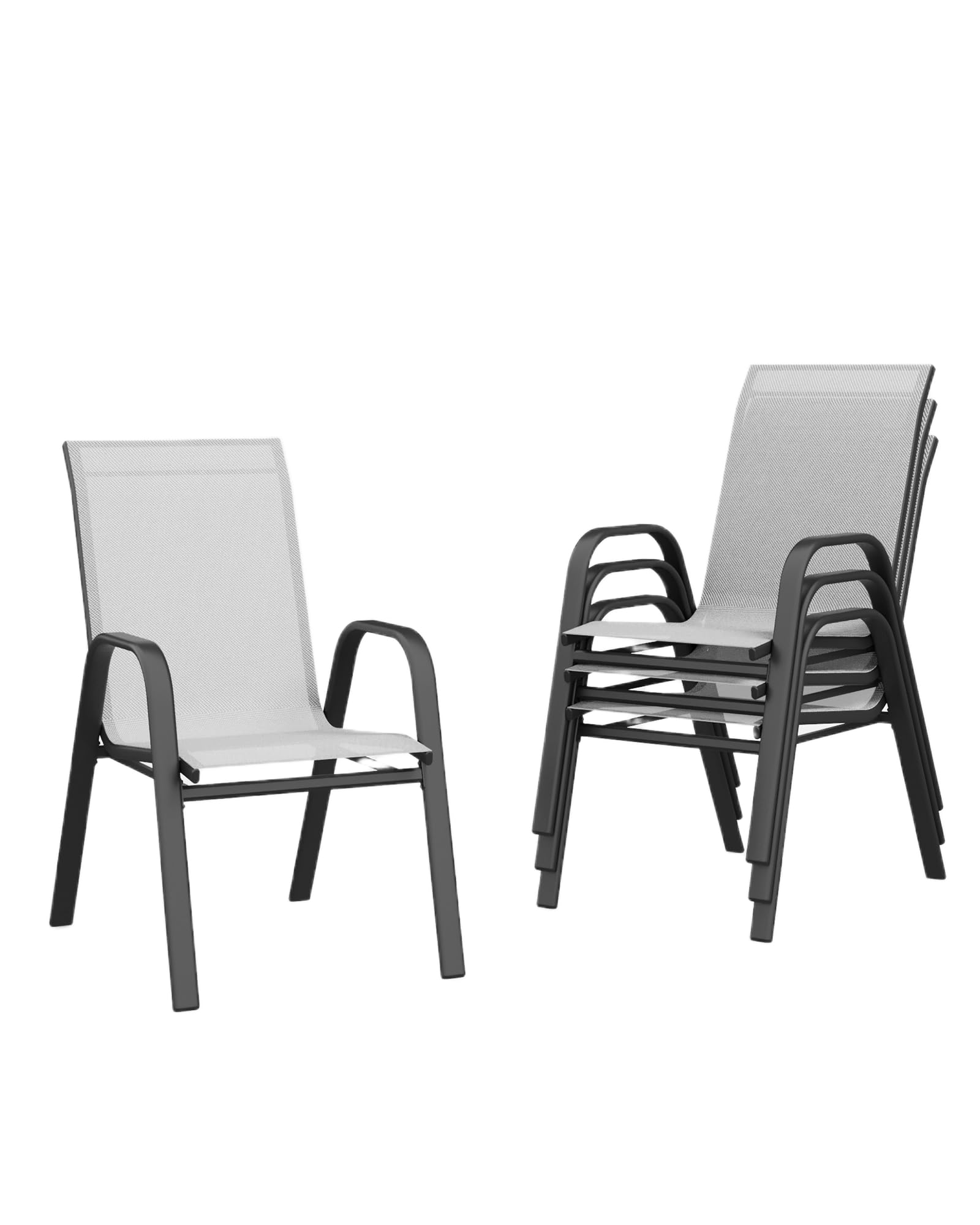 Photo 1 of **DIRT FROM TRANSPORT **4 Piece Patio Stackable Chairs Set, Outdoor Stacking Dining Chairs, Leisure Recliner, Breathable Textile and Metal Frame with armrests, for Pools, Deck, Backyard, Grey
