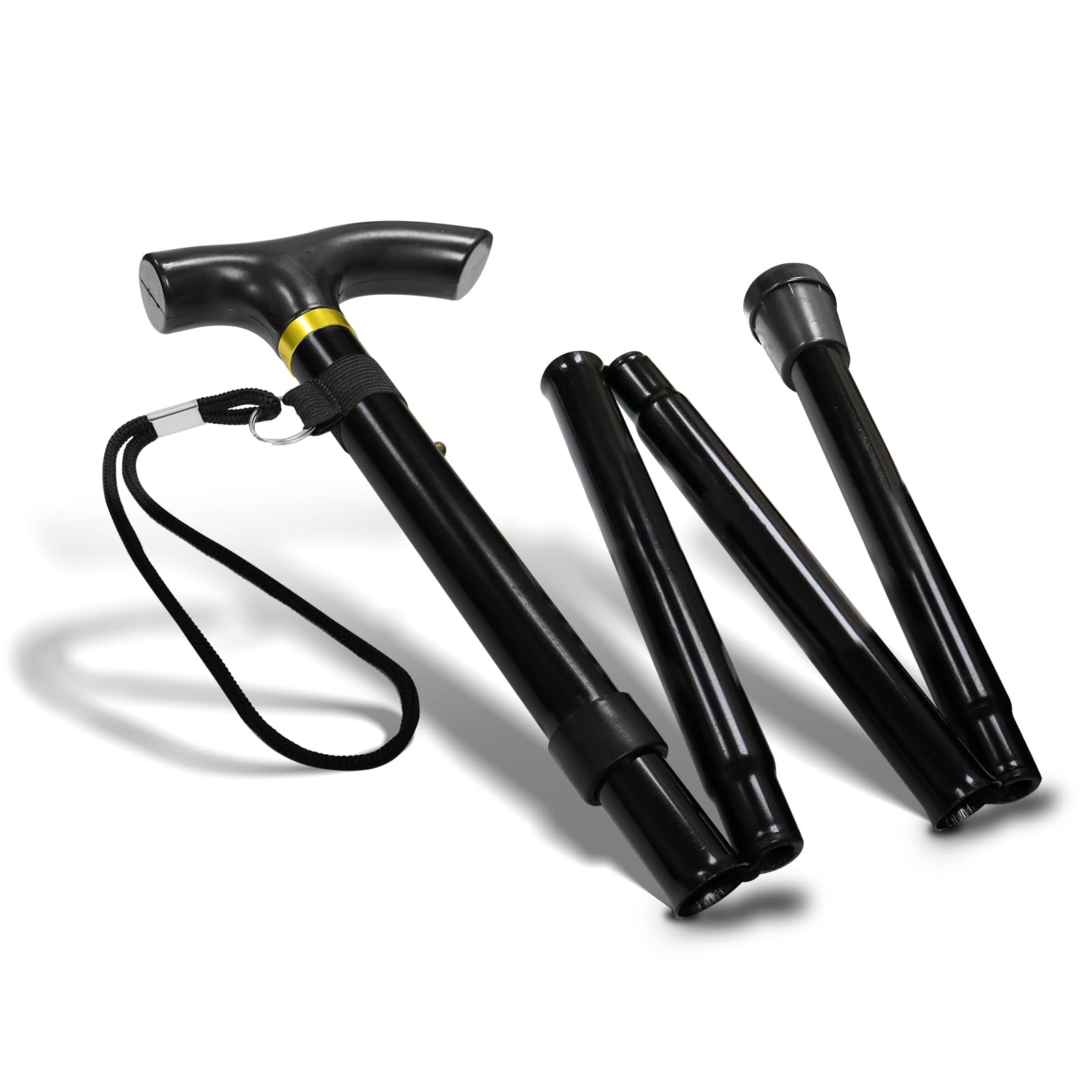 RE-GEN Folding Lightweight Aluminium Adjustable Plain Black Gloss Finish Collapsible Foldable Walking Stick Cane Mobility Aid
