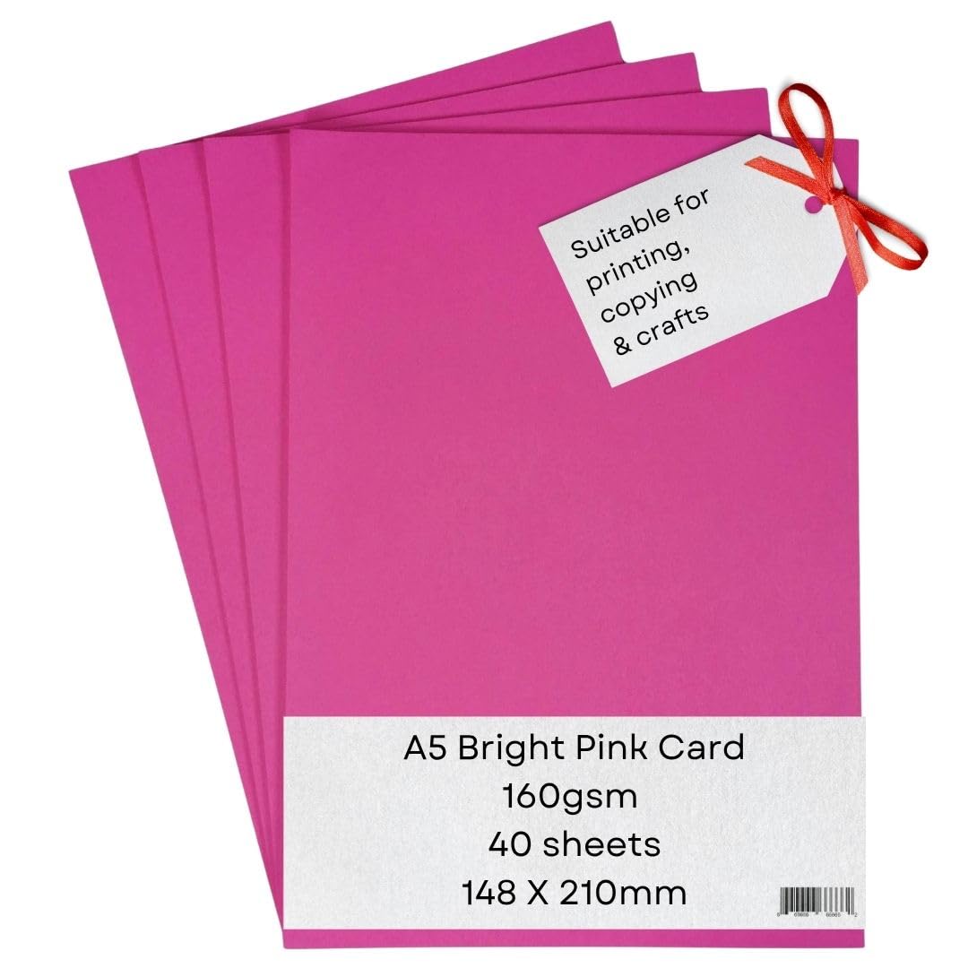 A5 Bright Pink Card Paper Printer - 160gsm 40 Sheets - Coloured - Suitable for Craft, Printing, Copying, Photocopiers