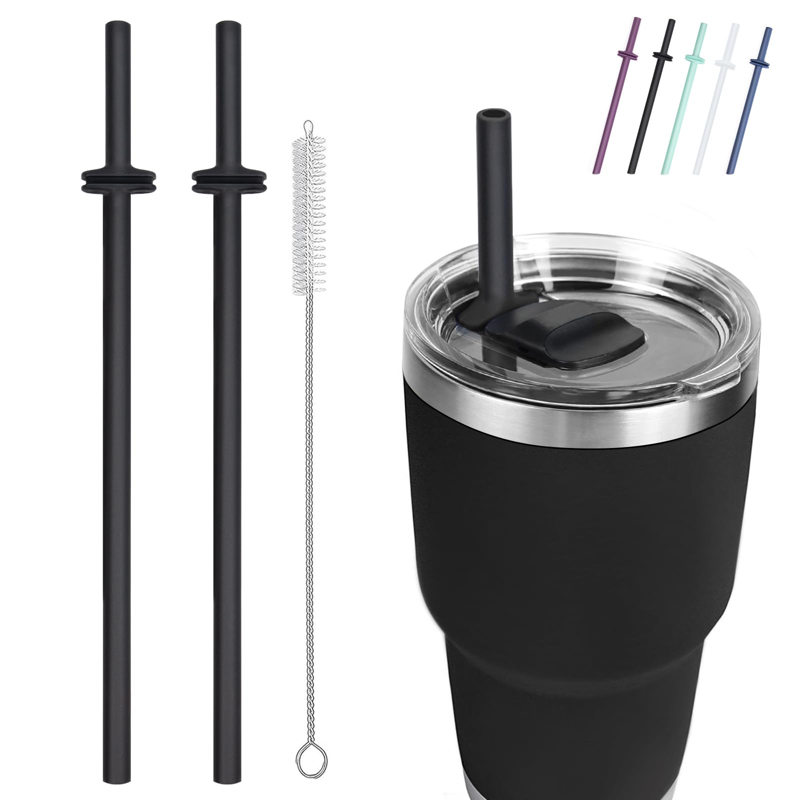Photo 1 of Silicone Straw for Yeti Rambler, 2PCS Reusable Straws & 1 Cleaning Brush for Yeti 30/20 oz Tumbler with Magslider Lid, Adjustable Drinking Straws Accessories Patent Pending (Black)