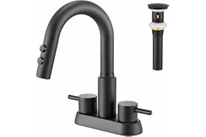 Kablle Bathroom Sink Faucet with Pull Down Sprayer 3 Holes, Matte Black 4 inch 2 Handles Centerset Laundry Bar Basin Pull Out Faucet with Pop-Up Drain, KBL-MP-6002B-CL