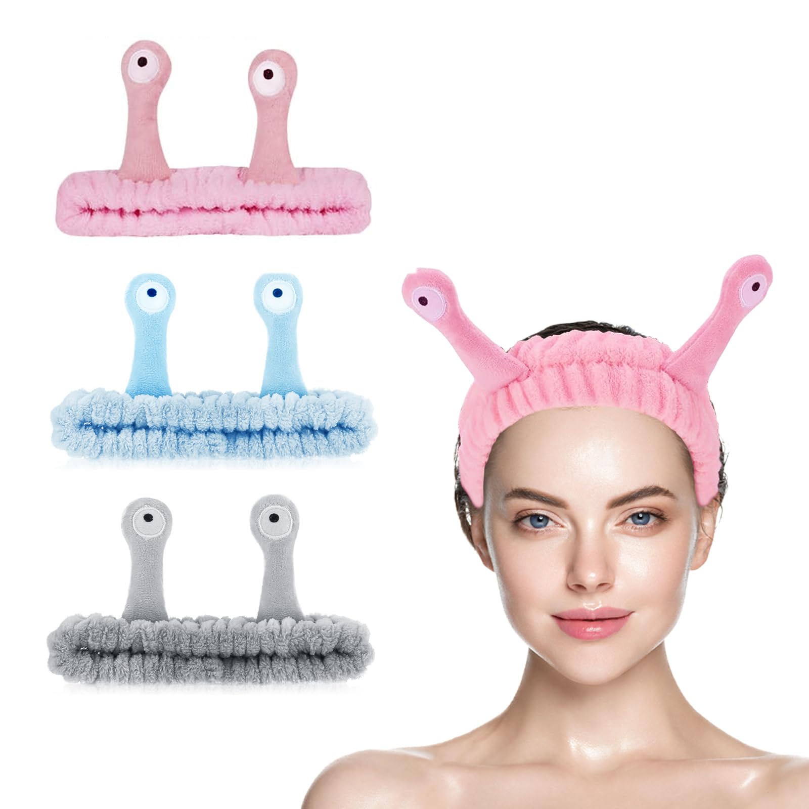 Snail Face Washing Headband, Pack of 3 Face Washing Headband, Snail Spa Headband, Coral Fleece for Makeup, Beauty, Skin Care, Sports (Grey, Pink, Blue)