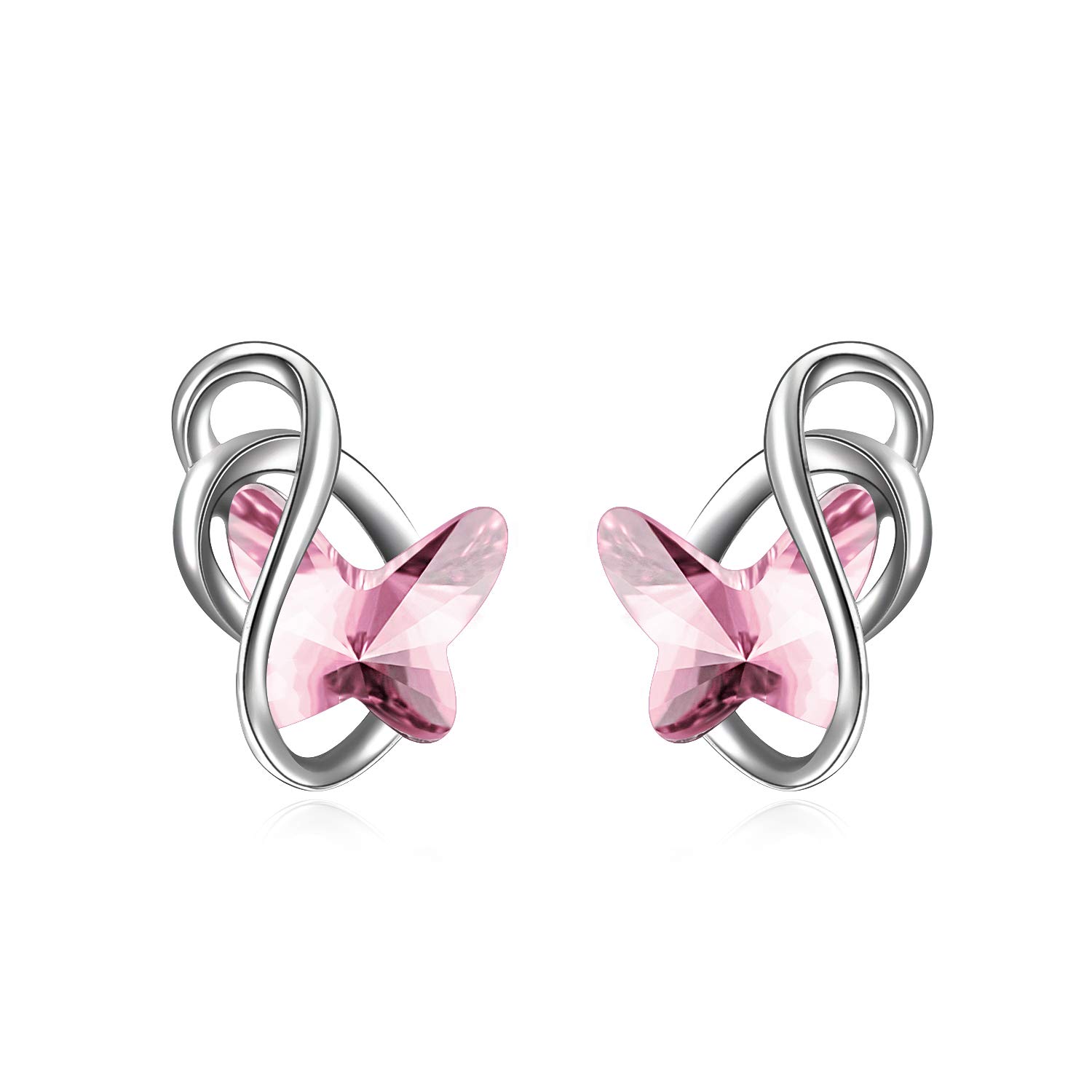 925 Sterling Silver Butterfly Stud Earrings with Crystals, Butterfly Jewellery Gifts for Women Girls (Pink)
