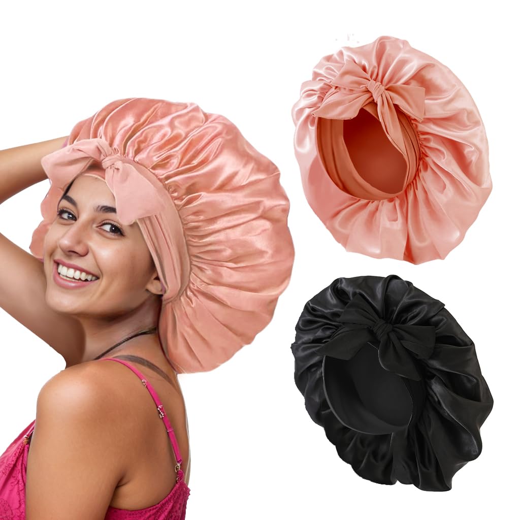 Satin Hair Bonnet for Women Sleeping - 2PCS Silk Bonnet for Sleeping Curly Hair, Soft Breathable Satin Bonnet Sleep Cap with Tie Band Hair Wrap Cap for Sleeping
