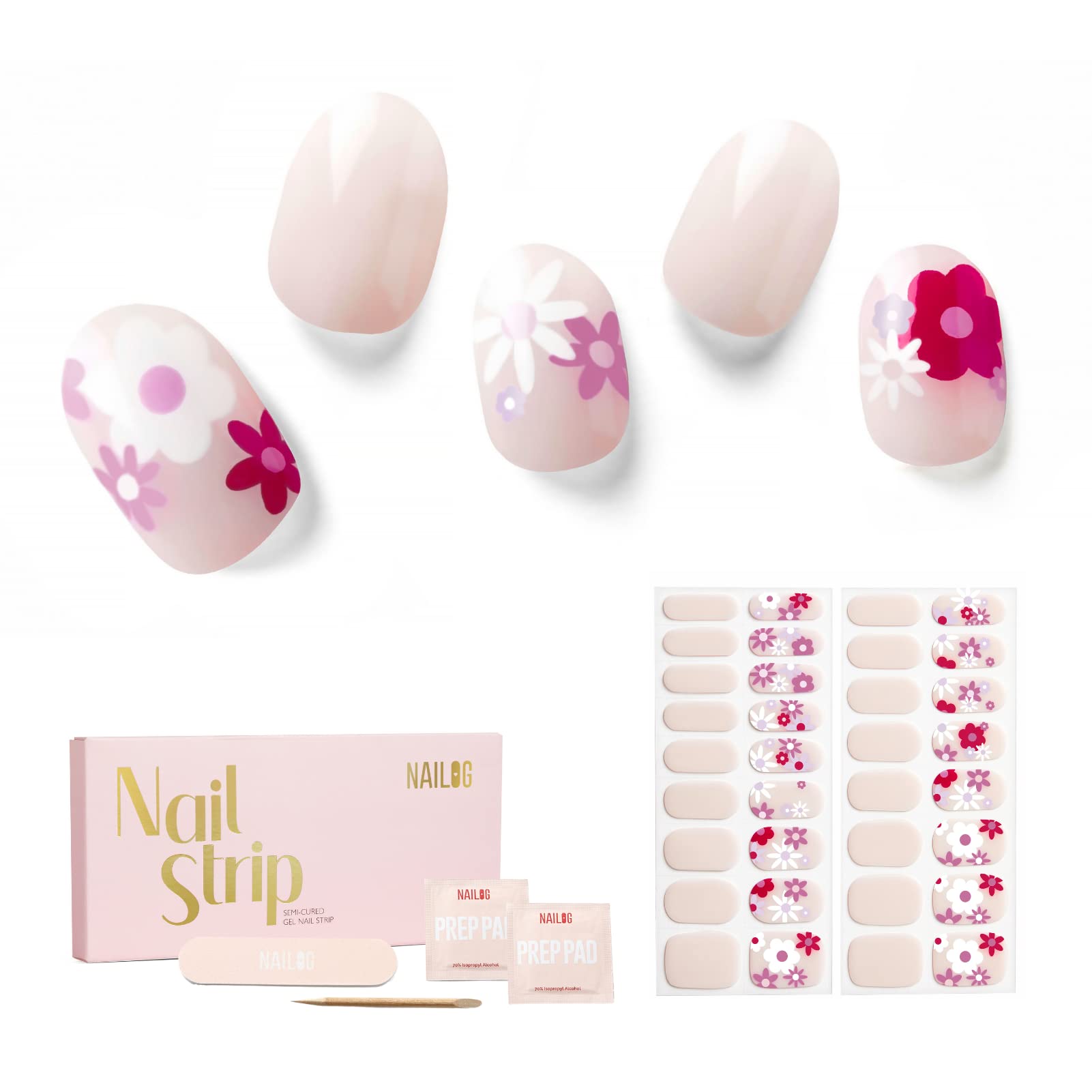 NAILOG Semi Cured Gel Nail Strips, 34 pcs Salon-Quality Gel Nail Stickers, Long Lasting Nail Wraps for Women with Soft Gel Finish, Florid