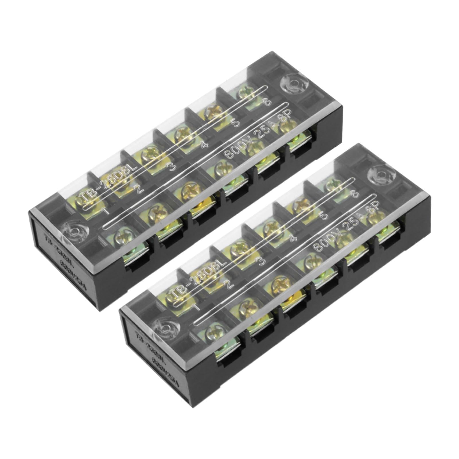Rebower 6 Positions Dual Rows 600V 25A Terminal Strip Blocks Barrier Screws (with Cover), [for Wires Connecting, Electronic Circuits] - 2 Pack/Black/TB-2506L