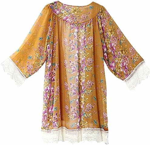 Women's Sheer Chiffon Long Sleeve lace Blouse Loose Tops Kimono Floral Print Cardigan-Multi-color optional