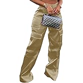 NRTHYE Women High Waisted Satin Cargo Pants Wide Leg Casual Pants Multi Pockets Straight Trousers