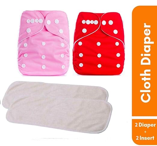 Chinmay Kids Combo of Quirk Reusable Baby Washable Cloth Diaper Nappies with Multi Layered Micro- Fibre Baby Insert Pads (Red & Pink) (Set of 2) (Assorted Colours)
