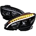 Spec-D Tuning Glossy Black Projector Headlights w/LED Signal Lamps Compatible with 2008-2011 Mercedes Benz W204 C-Class, Left + Right Pair Headlamps Assembly