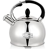 SUSTEAS Whistling Tea Kettle, 2.7QT Food-Grade Steel Teapot, SILVER | Tea Pot for Stove with Ergonomic Handle, With 1 Silicone Pinch Mitt, for Induction, Gas, Electric, Radiant Cooktops