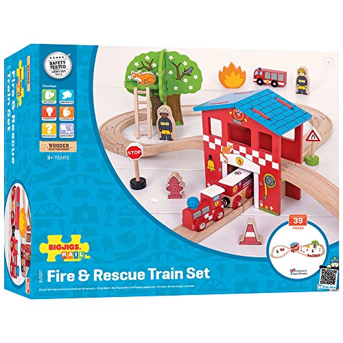 Bigjigs Rail Wooden Fire Station Train Set - 39 Play Pieces